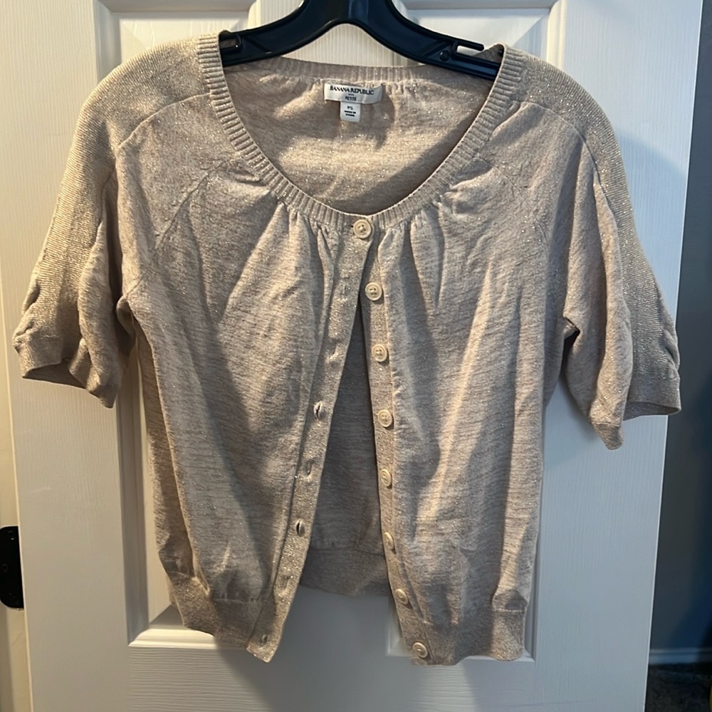 Banana Republic cream/tan cardigan w/ gold sparkle size small. Half long sleeve